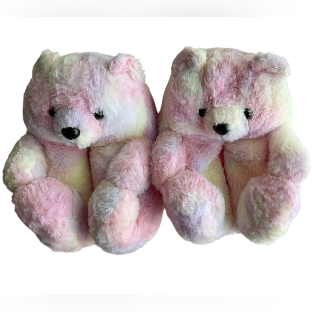 Cute Pink Teddy Bear Plush Slippers – Women’s Size 6–7